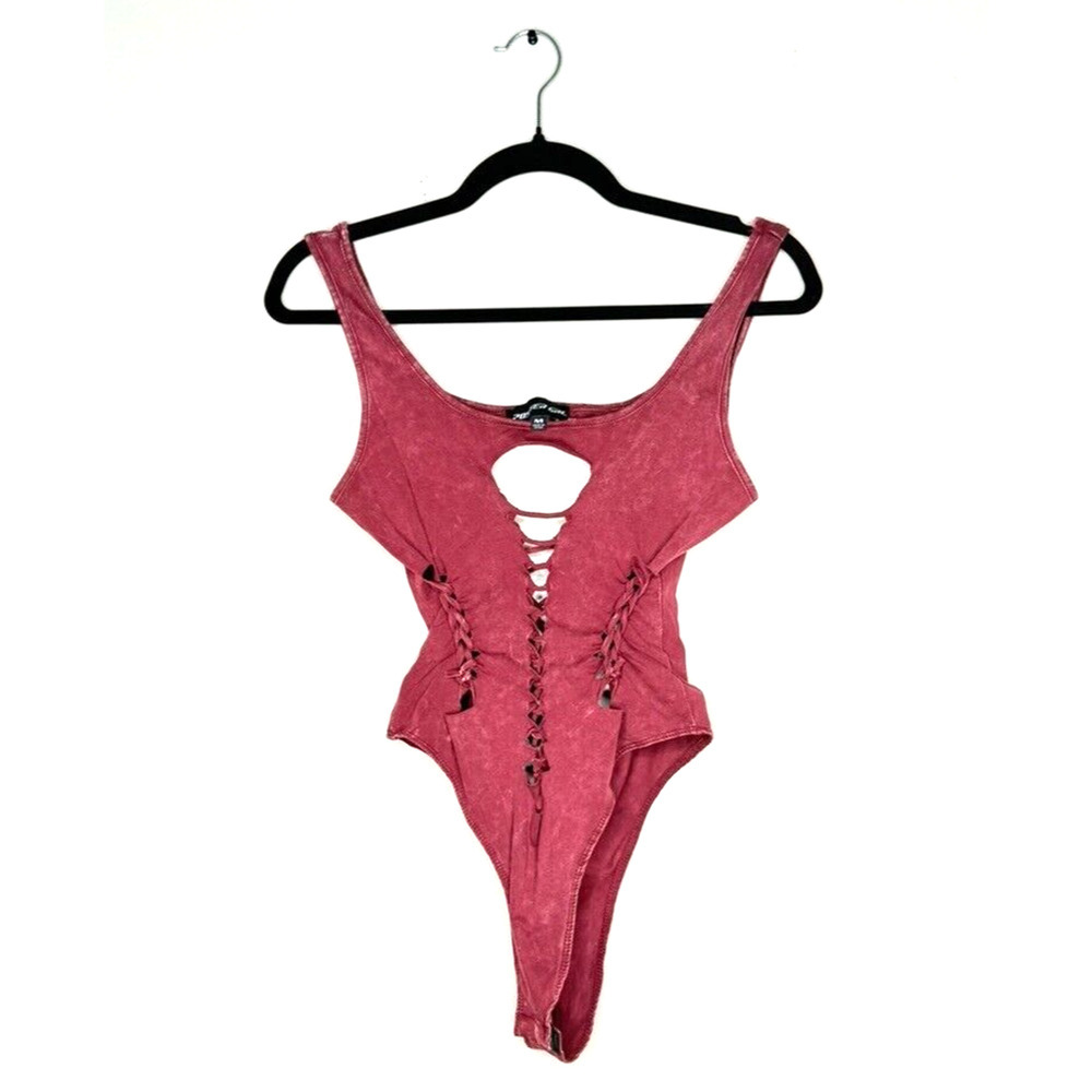POSTER GIRL Burgundy Med Bodysuit Red Lace Up Bodycon Grunge Chic Y2K Party Club